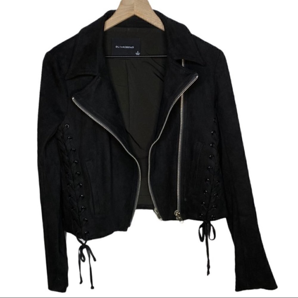 𝅺olivaceous Double Zipper Faux Suede Lace Up Black Moto Jacket Size Small